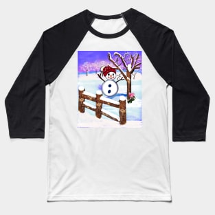 Snowman wearing winter hat  in tranquil winter scenery Baseball T-Shirt